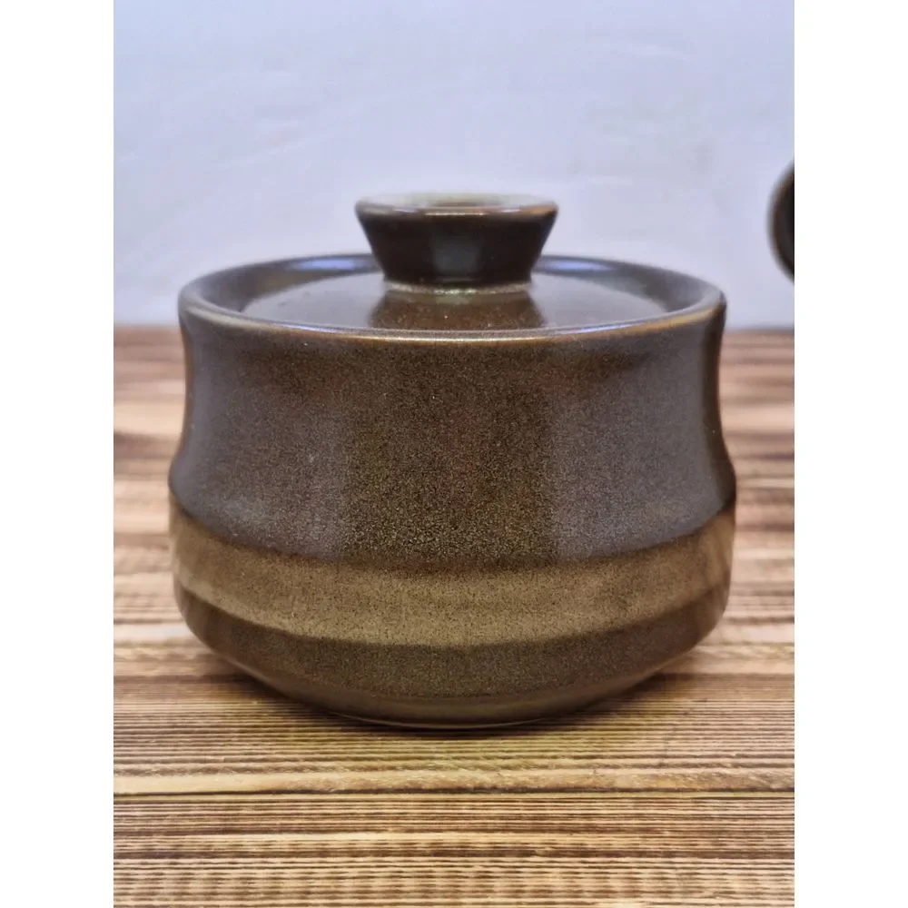 Vintage Three Tone Brown Stoneware‎ Covered Sugar and Creamer Set